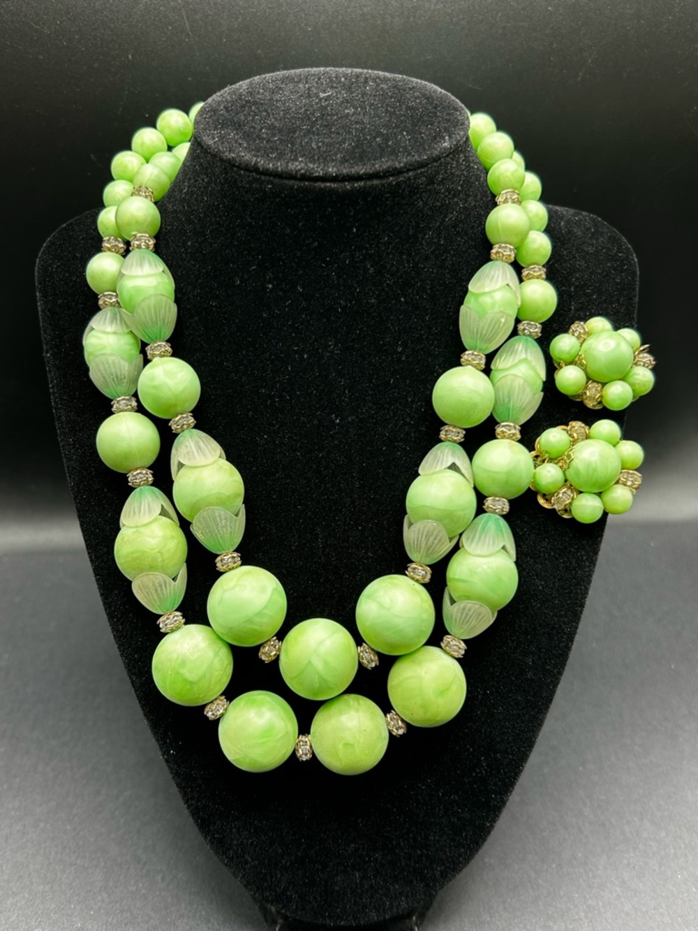 Rare Hobe Lime Green Double-Strand Beaded Necklace & Clip Earrings Demi Parure
